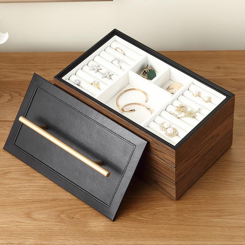 CASEGRACE Large Wooden Jewelry Box Organizer | 3-Layer Display Storage Casket for Earrings, Rings, Necklace | Luxury Design